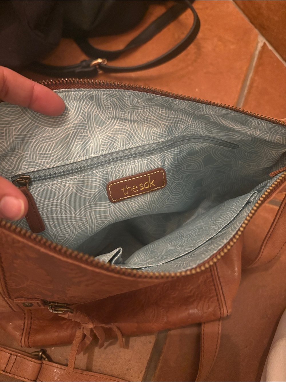 The Sak Brown Leather Shoulder Bag with Light Blue Lining